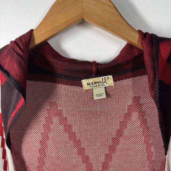 One World Women 1X Plus Size NWT Brown Red Western Cardigan Aztec Country Hood - Picture 4 of 9